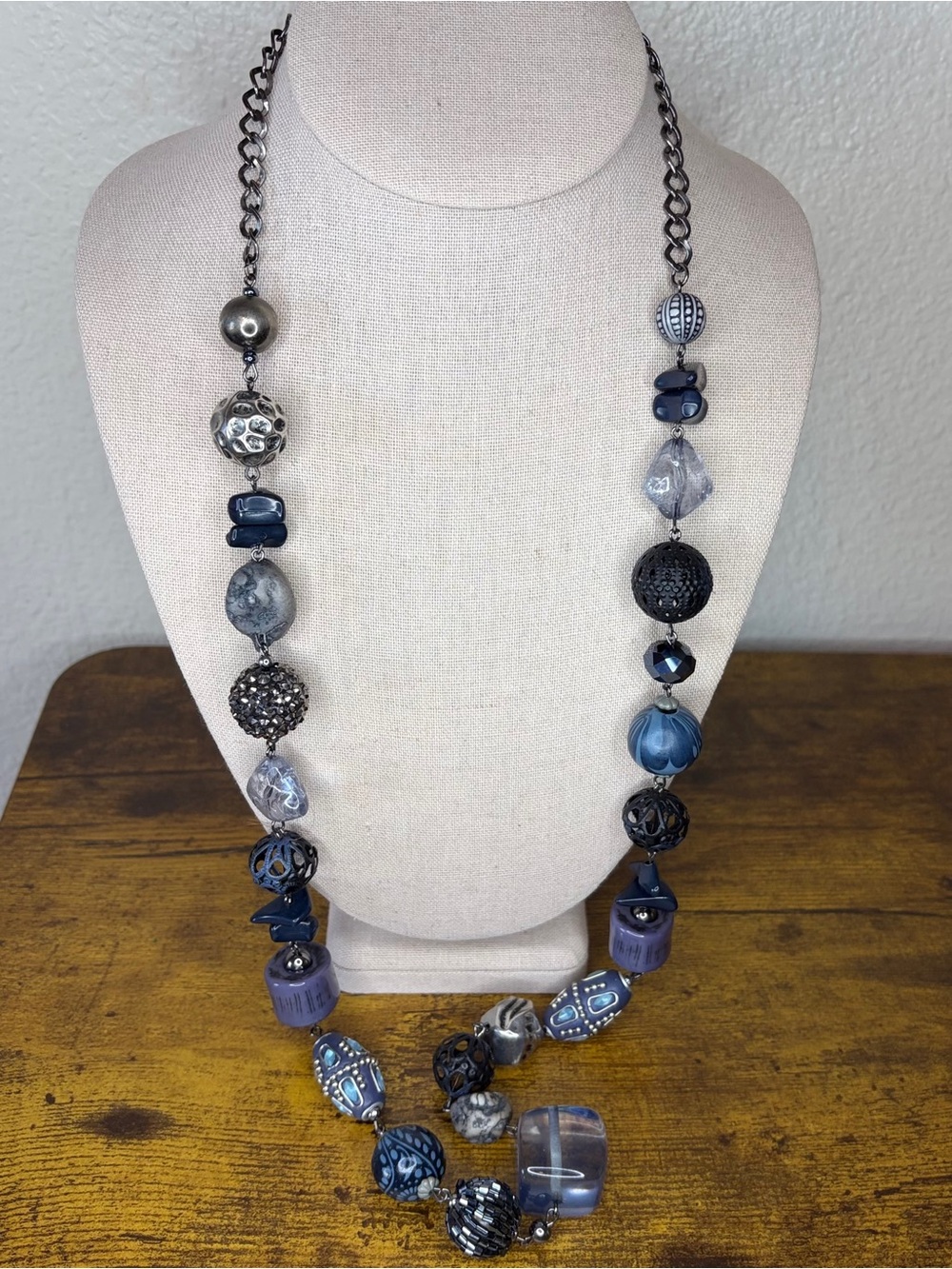 Blue & Gray Artisan Beaded Statement Necklace with Mixed Media Beads